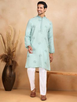 KRAFT INDIA LUXE - Mandarin Collar Embroidered Cotton Green Kurta