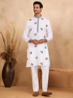 KRAFT INDIA LUXE - Mandarin Collar Embroidered Cotton White Kurta