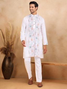 KRAFT INDIA LUXE - Floral Embroidered Mandarin Collar Cotton White Kurta
