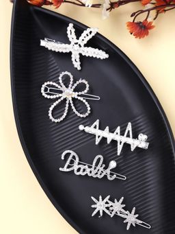 Yellow Chimes - Women Silver-Toned and White Set of 5 Embellished Hair Accessory Set