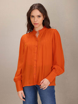U.S. POLO ASSN. - Women Orange Stand Collar Pleated Solid Top