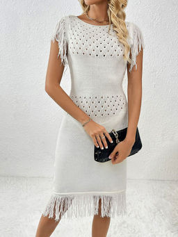 Oh Rare - Fashion Knitted Long Skirt Tassel Solid Color Dress Sweater White