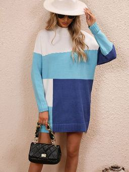 Oh Rare - Color Matching Dress Round Neck Sweater Long Sweater for Women Blue