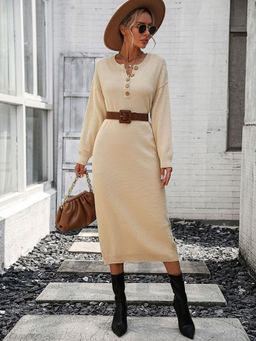 Oh Rare - Button Sweater Dress Sweater for Women Beige