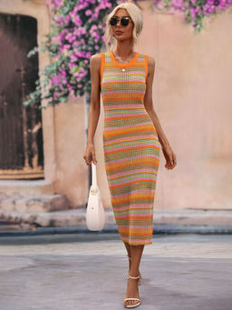 Oh Rare - Long Skirt Slim-Fitting Intercolor Splicing Pullover Striped Womens Knitwear Orange