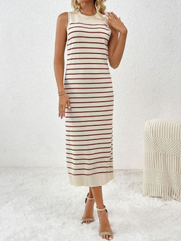 Oh Rare - Slim-Fitting Womens Sweater Striped Long Skirt Fashion Dress Brown