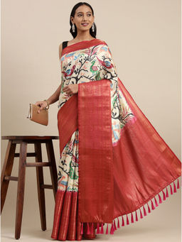 Yavira Silk - Multi-Color Printed Saree with Tassels with Unstitched Blouse