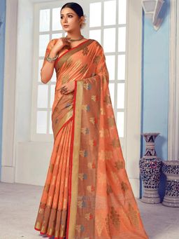 Odette - Womens Peach Cotton Woven Design Saree with Unstitched Blouse