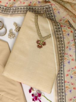 Libas - Beige Floral Embellished Unstitched Kurta and Trouser with Dupatta (Set of 3)