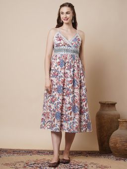 FASHOR - Ethnic Floral Printed and Kantha Work Cotton A-Line Pleated Midi Dress