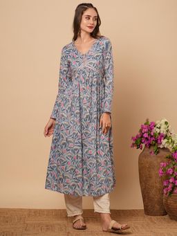 FASHOR - Ethnic Floral Printed and Sequin Hand Embroidered A-Line Pleated Kurta
