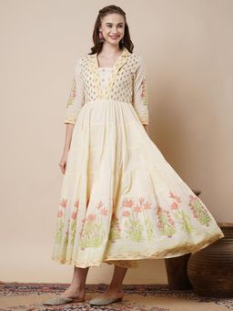 FASHOR - Ethnic Floral Printed and Embroidered A-Line Pleated Tiered Midi Dress