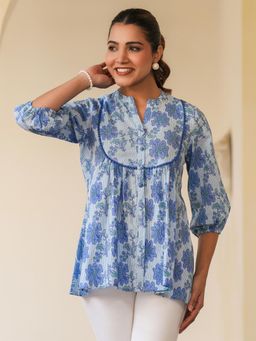 Janasya - Womens Blue Pure Cotton Floral Printed A-Line Tunic