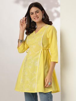 Janasya - Womens Yellow Pure Cotton Embroidered A-Line Tunic