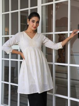 Janasya - Womens Off White Pure Cotton Schiffli A-Line Tunic