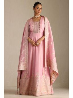 Soch - Womens Pink Tissue Embroidered Gown with Dupatta and Unstitched Sleeves (Set of 3)