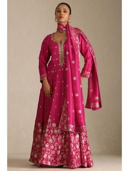 Soch - Womens Fuchsia Viscose Blend Dupatta Woven Gown with Dupatta (Set of 2)