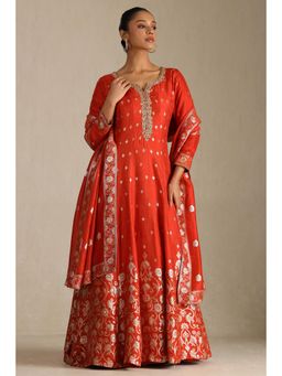 Soch - Womens Rust Viscose Blend Dupatta Woven Gown with Dupatta (Set of 2)