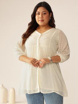 Janasya - Womens Plus Size Off White Dobby Chiffon Self Design A-Line Tunic
