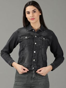 SHOWOFFFF - Women's Spread Collar Solid Grey Open Front Jacket