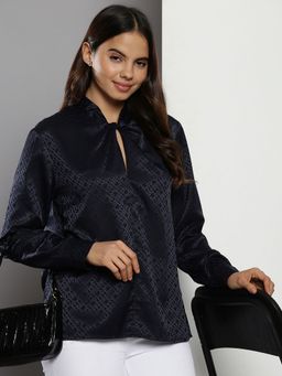 Tommy Hilfiger - Navy Blue Regular Polyester Keyhole Neck Blouse
