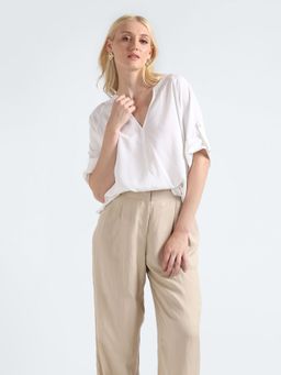 Tommy Hilfiger - White Regular Viscose Split Neck Top