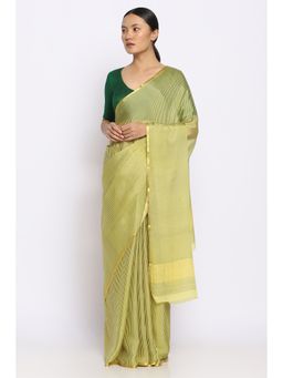 Via East - Striped Autumn Green Crepe Saree with Unstitched Blouse