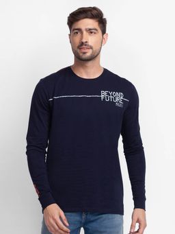 Spykar - Navy Blue Cotton Full Sleeve Printed Casual T-Shirt for Men