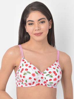 Clovia - Padded Non-wired Full Cup Cherry Print T-shirt Bra In White