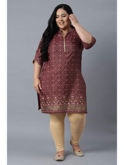 Aurelia - Maroon Mandarin Collar Foil Print Straight Kurta