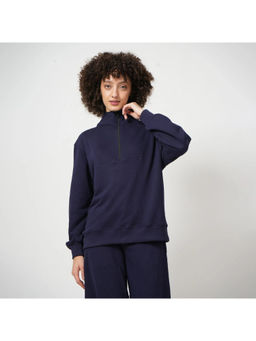 Saltpetre - Women Navy Blue High Neck Relaxed Fit Sweatshirt