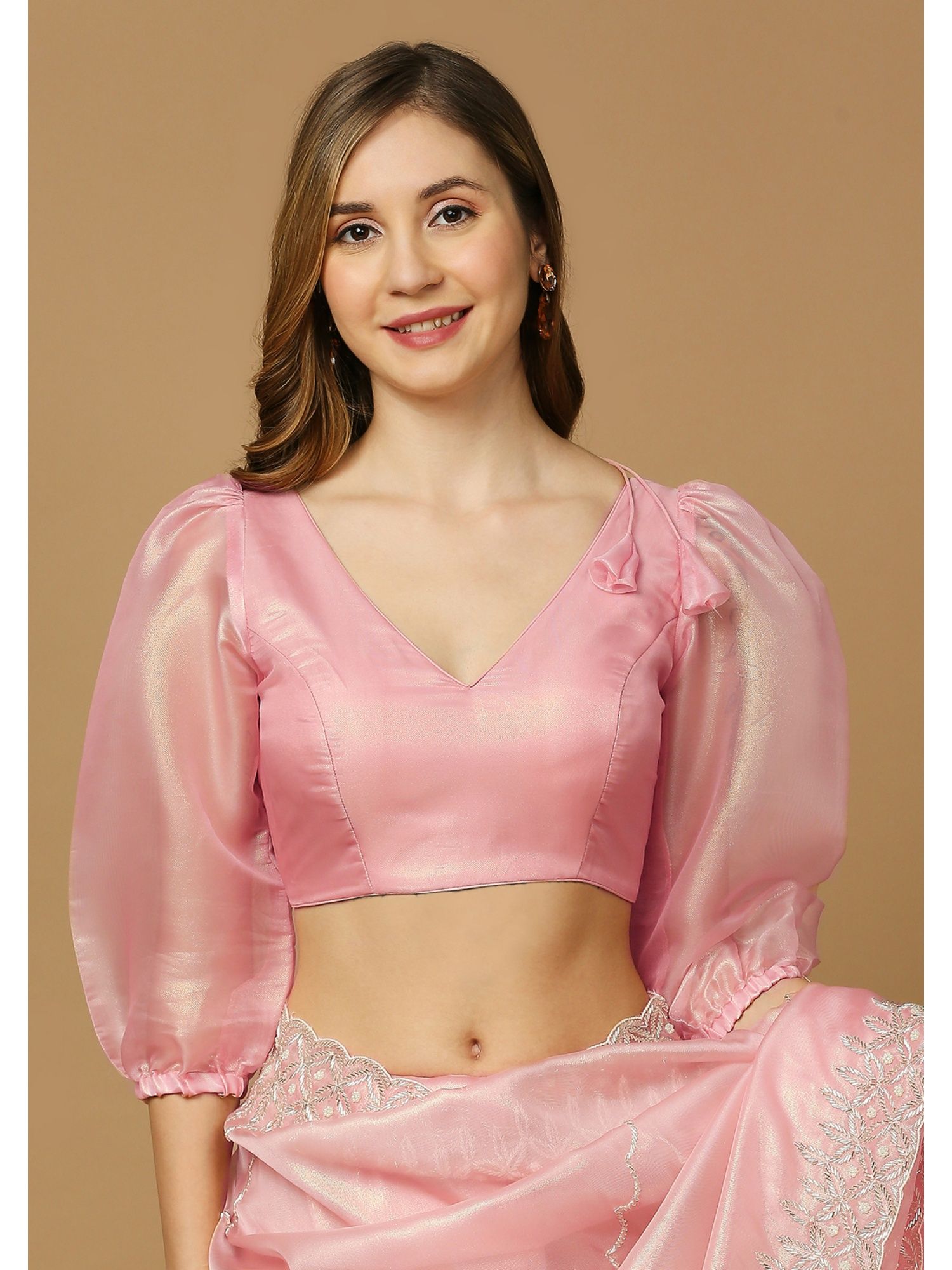 Buy SALWAR STUDIO Womens Pink Puff Sleeve Solid Saree Blouse Online