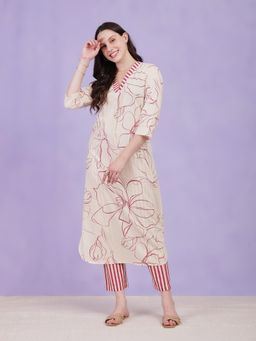 Pink Fort - Cotton Floral and Striped Kurta Beige