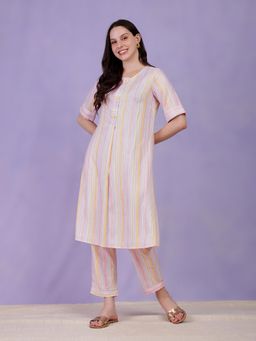 Pink Fort - Cotton Striped Kurta Pink and White