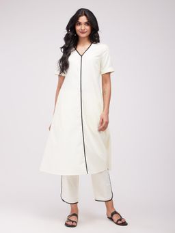 Pink Fort - Cotton Solid A Line Kurta Off White