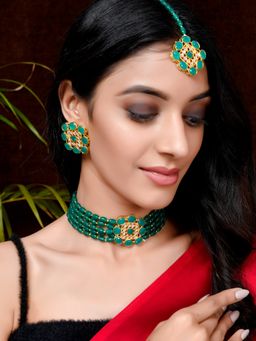 Silvermerc Designs - Gold Plated & Green Beaded Choker Jewellery With Maang Tikka