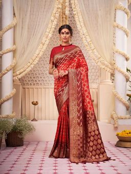 Odette - Red Blended Raw Silk Saree with Unstitched Blouse