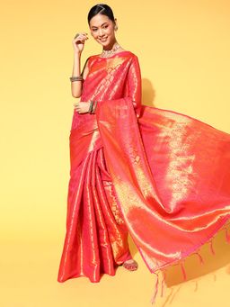 Sareemall - Silk Blend Pink Woven Design Celebrity Saree With Unstitched Blouse