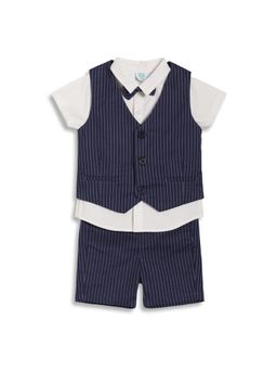 MINI KLUB - Cotton Striped Shirt with Shorts, Waist Coat & Bow - Navy Blue/White