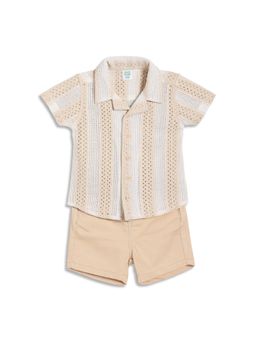 MINI KLUB - Cotton Half Sleeves Self Design Shirt with Shorts - Brown & Beige