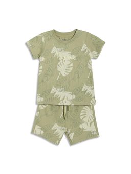 MINI KLUB - Cotton Half Sleeves Tree Printed Shirt with Shorts - Olive Green