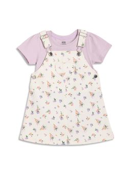 MINI KLUB - Cotton Half Sleeve Floral Pinny Dress with T-Shirt - White/Lavender