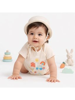 MINI KLUB - Cotton Half Sleeve Car Printed Bodysuit with Cap - Beige