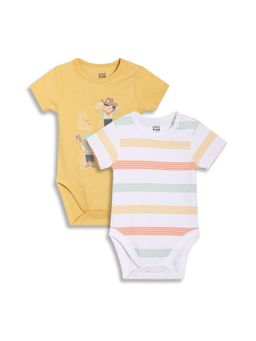 MINI KLUB - Cotton Striped & Cowboy Printed Bodysuits - Mustard & White (Pack of 2)
