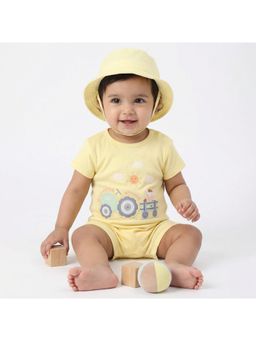 MINI KLUB - Cotton Half Sleeves Text Embroidered Romper with Cap - Yellow