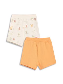 MINI KLUB - Cotton Printed & Solid Shorts - White & Orange (Pack of 2)