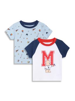 MINI KLUB - Cotton Half Sleeves Game Printed T-Shirts - White & Blue (Pack of 2)