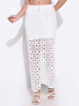 SHOWOFFFF - Womens White Solid Straight Crochet Skirt