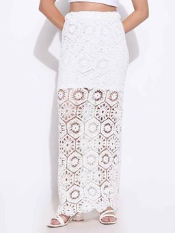 SHOWOFFFF - Womens White Solid Straight Crochet Skirt