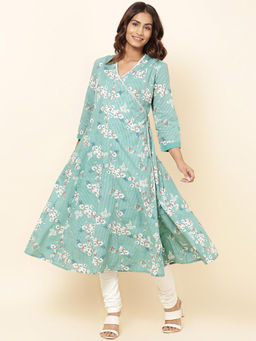 Fabindia - Turquoise Cotton Printed Long Kurta